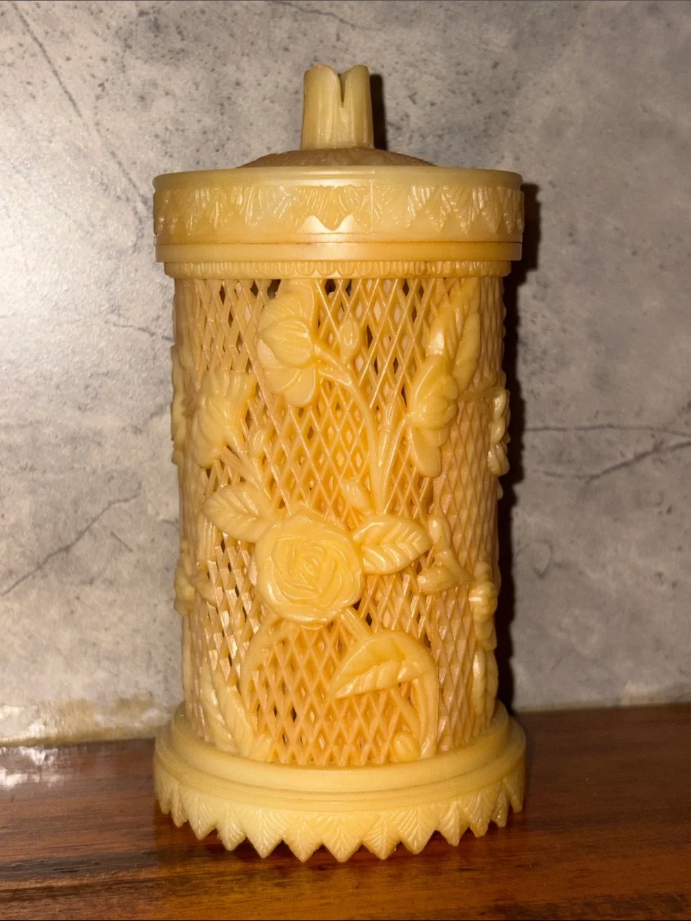 1960s MCM Lattice/ Floral Carved Resin Lidded Jar with 32 Tiny Forks Inside